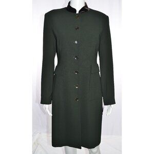 Tahari Long Button Up Coat Velvet Collar Green/Brown Size 6